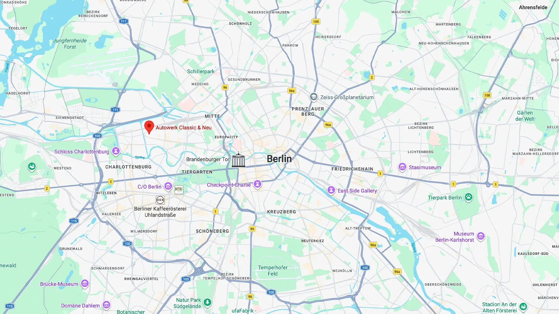 Kartenausschnitt Berlin mit Standort Autowerk Classic & Neu in der Wiebestraße, Moabit
